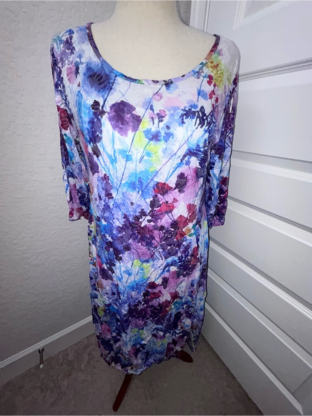 Shana Watercolor Floral Print 3/4 Length Sleeve Shirt Tunic Dress